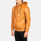 Mens Hooded Brown Leather Pullover Jacket